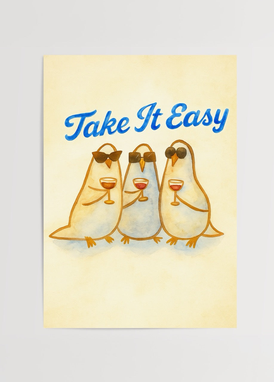 Güneş gözlüklü üç güvercinin kadehleriyle keyif yaptığı Pigeon Party illüstrasyon posteri