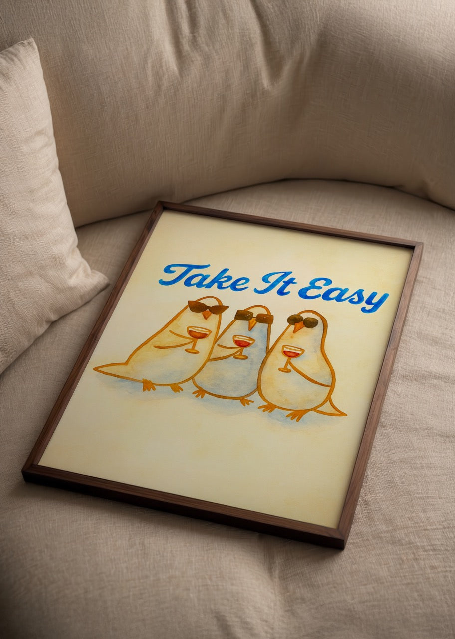 Güneş gözlüklü üç güvercinin kadehleriyle keyif yaptığı Pigeon Party illüstrasyon posteri