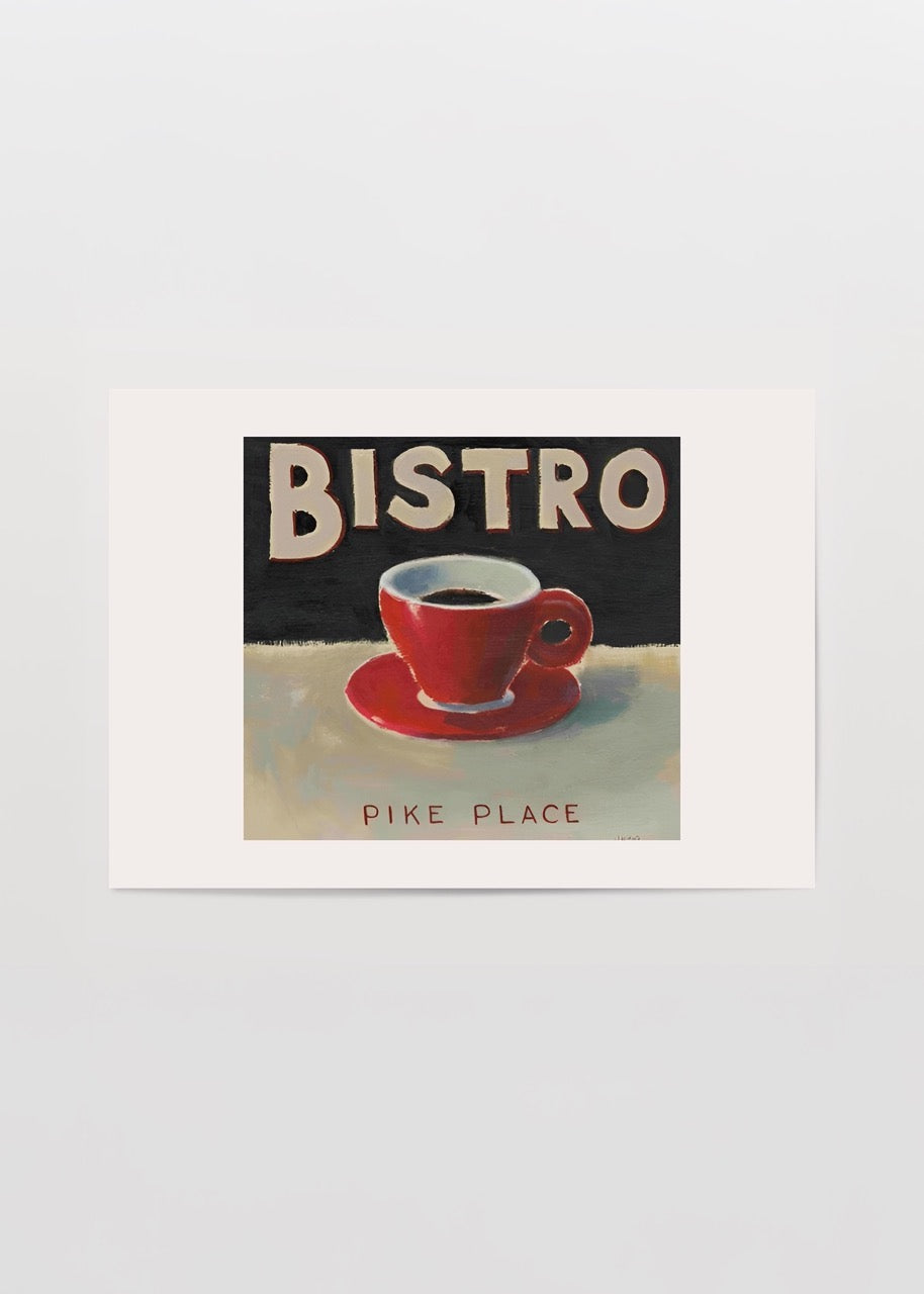 Pike Place Bistro yazılı retro kırmızı kahve fincanı illüstrasyon posteri