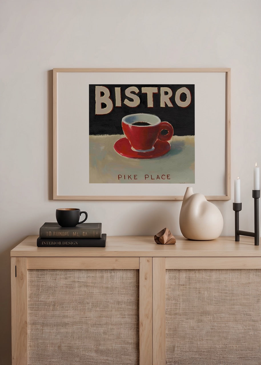 Pike Place Bistro yazılı retro kırmızı kahve fincanı illüstrasyon posteri