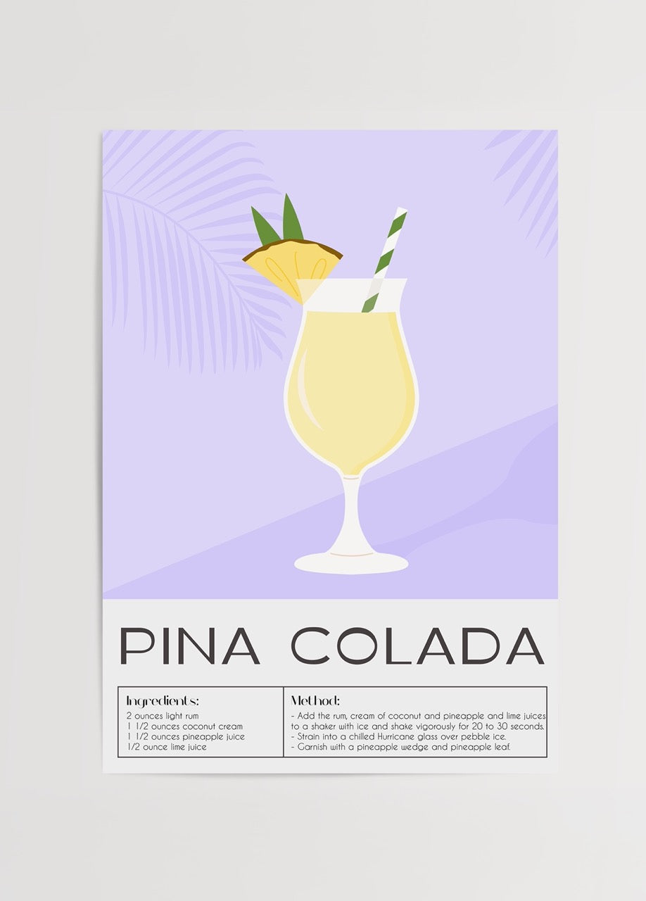 Pina Colada kokteyl tarifi ve illüstrasyonu içeren renkli poster baskı