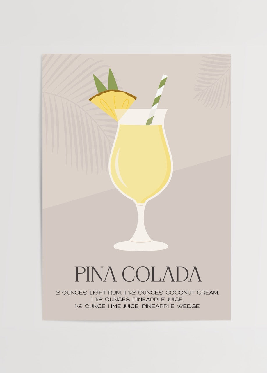 Pina Colada illüstrasyonu içeren minimalist tarzda kokteyl posteri
