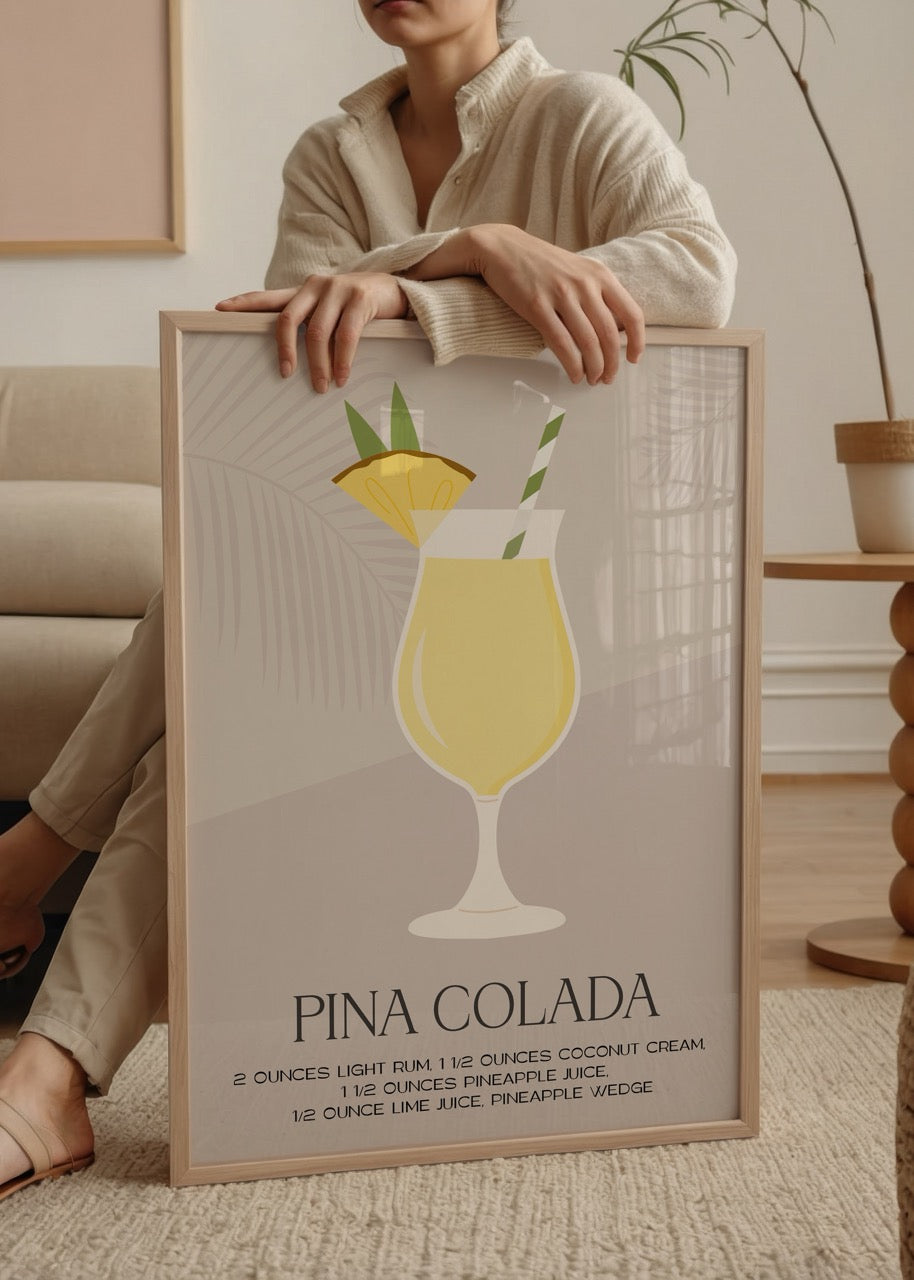 Pina Colada illüstrasyonu içeren minimalist tarzda kokteyl posteri
