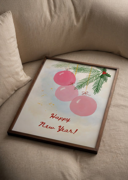 Pembe yılbaşı süsleri ve çam dallarıyla hazırlanmış pastel tonlarda yeni yıl illüstrasyonu