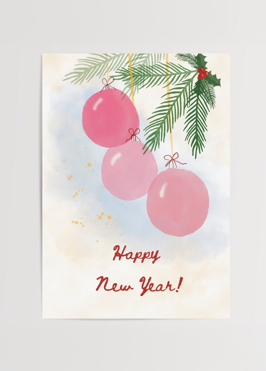 Pembe yılbaşı süsleri ve çam dallarıyla hazırlanmış pastel tonlarda yeni yıl illüstrasyonu