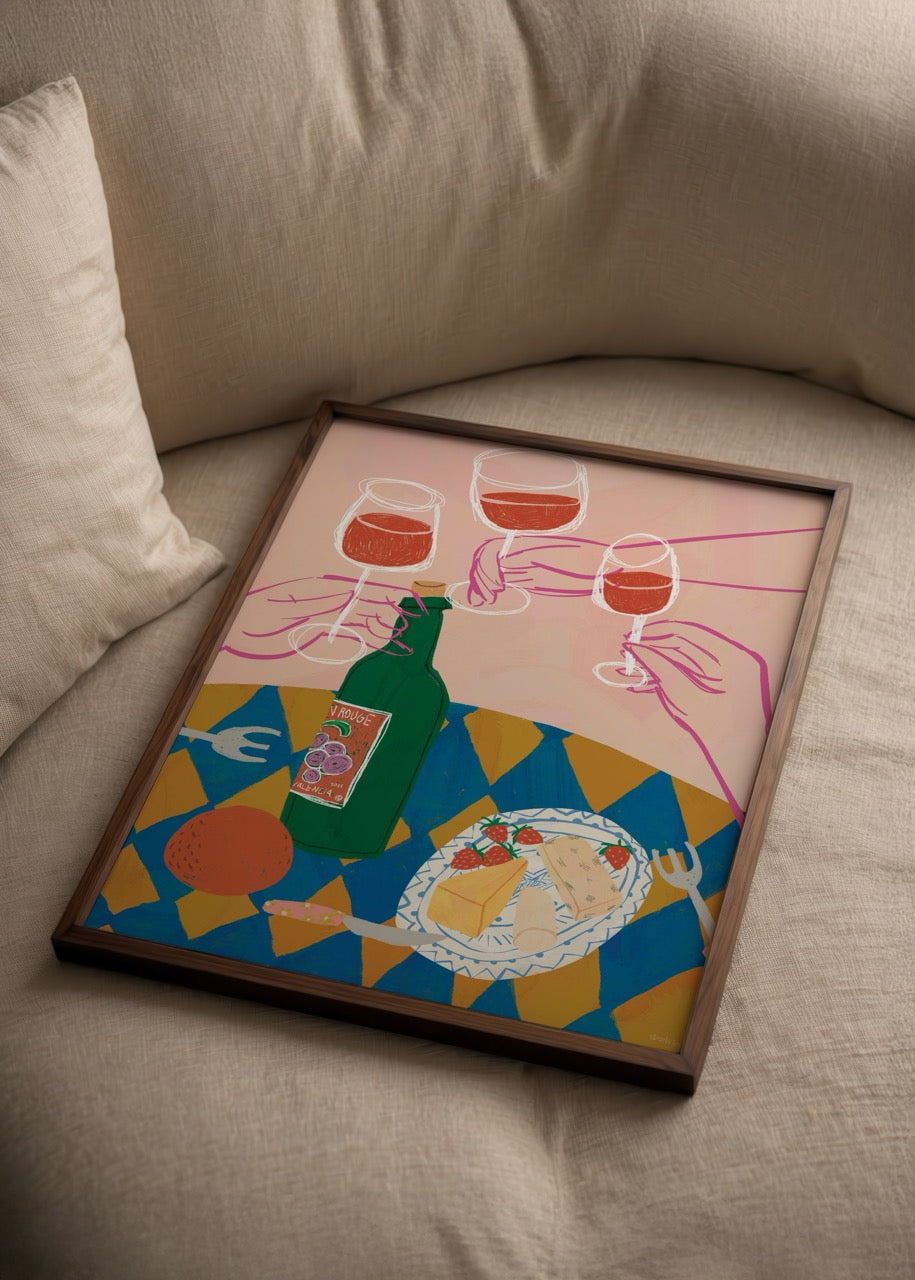 Şarap kadehleri ve peynir tabağının yer aldığı pembe tonlu masa illüstrasyonu