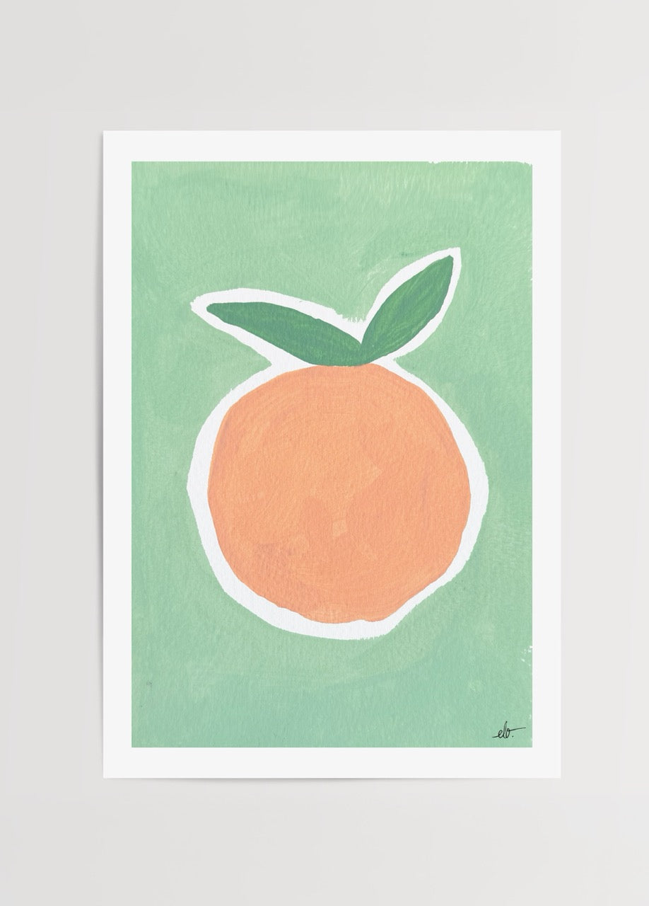 Elif Işık’ın Pastel Series koleksiyonundan Portakal posteri, yeşil fon üzerinde pastel turuncu portakal illüstrasyonu.
