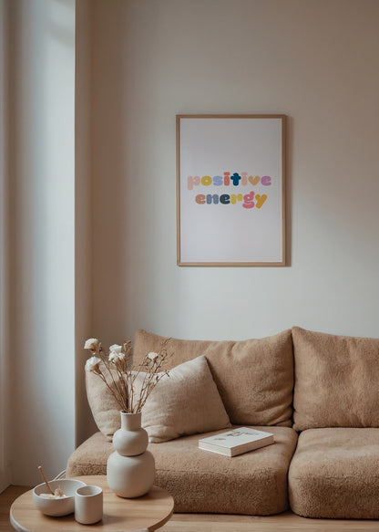 Positive Energy yazılı pastel renklerde tipografi poster baskı.