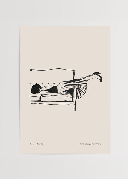 New York sanat galerisi tarzında, koltukta uzanmış kadını gösteren minimalist çizim posteri