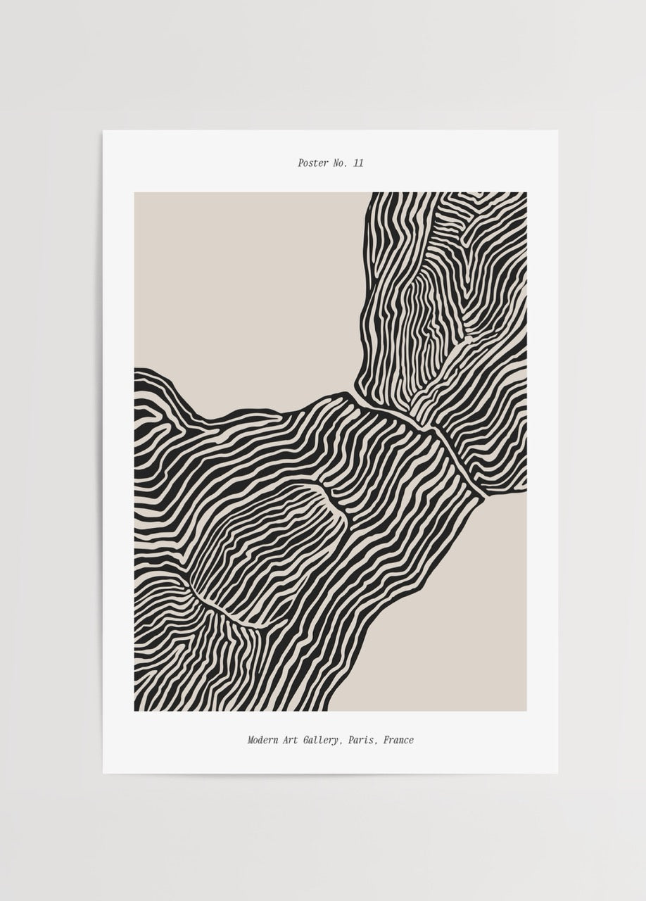 Poster No.11, siyah beyaz soyut çizgilerle tasarlanmış modern sanat posteri.