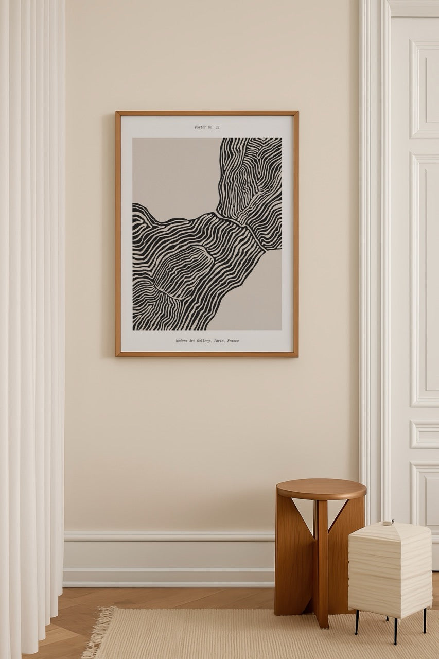 Poster No.11, siyah beyaz soyut çizgilerle tasarlanmış modern sanat posteri.