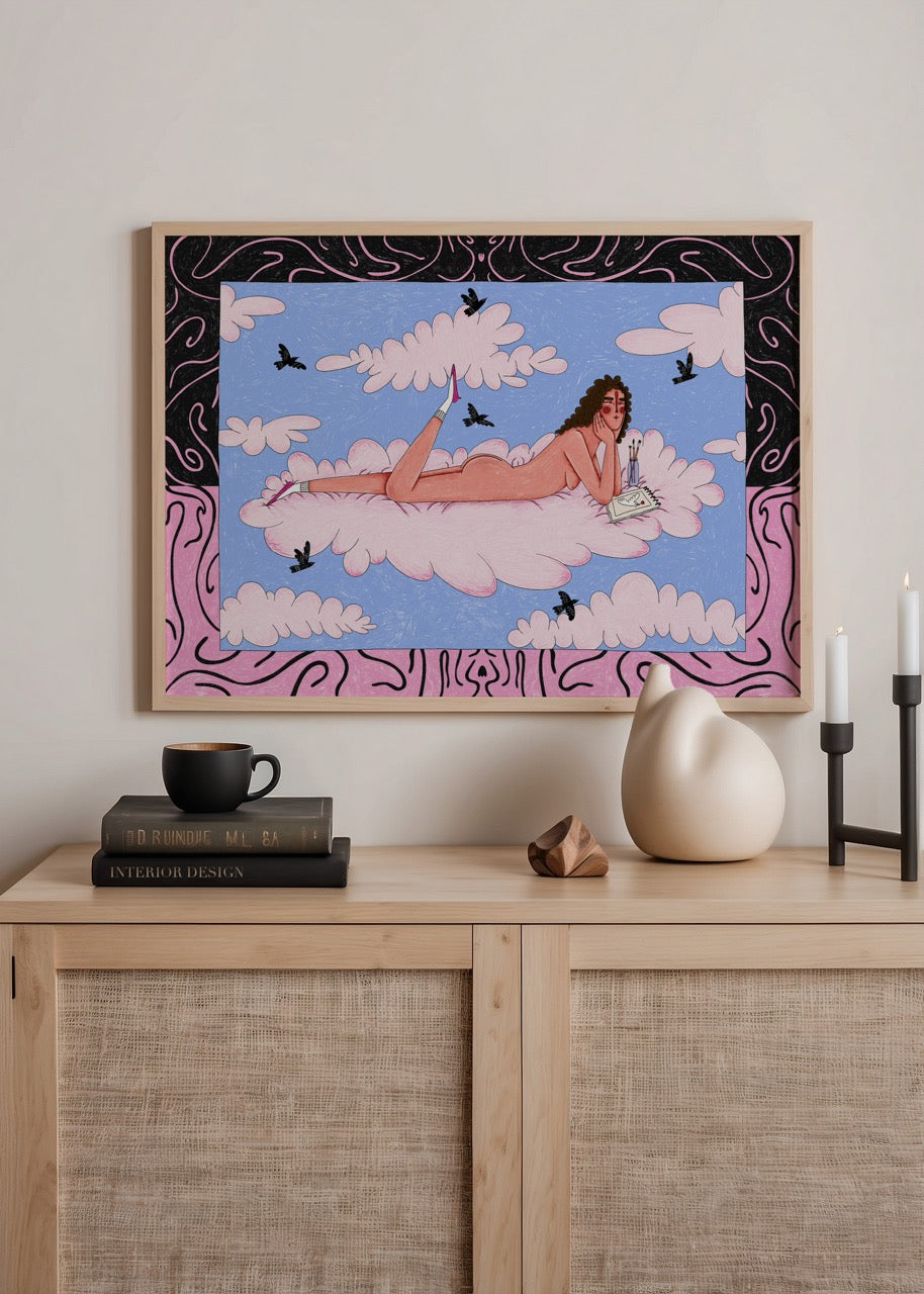 Elif Sezgin imzalı Princess illüstrasyonu, pembe bulutların üzerinde uzanan kadın figürü.