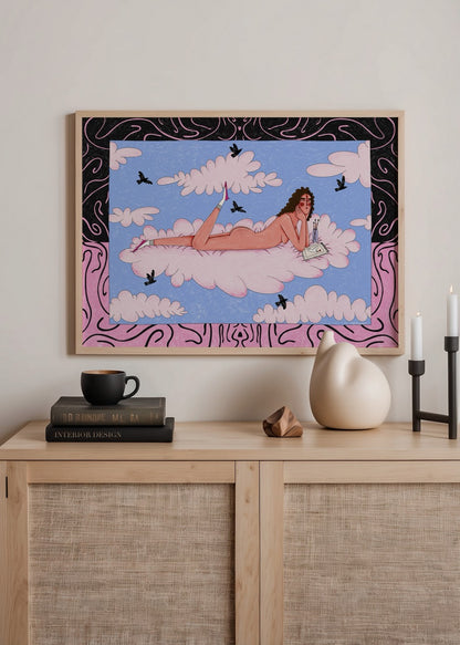 Elif Sezgin imzalı Princess illüstrasyonu, pembe bulutların üzerinde uzanan kadın figürü.