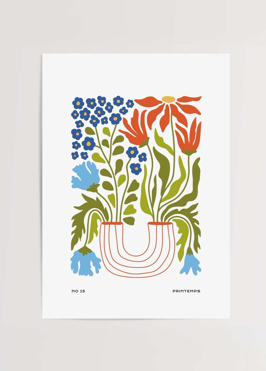 Renkli çiçek illüstrasyonu içeren Printemps modern poster tasarımı