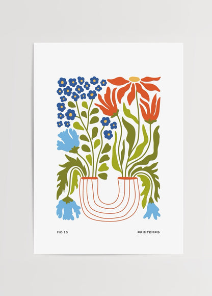 Renkli çiçek illüstrasyonu içeren Printemps modern poster tasarımı