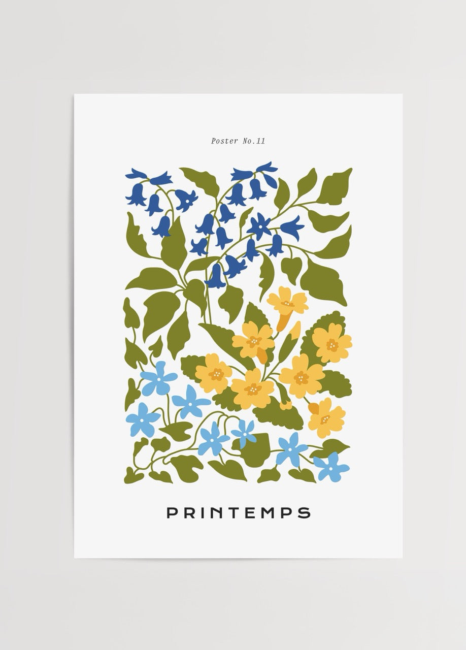 Printemps çiçek illüstrasyonu poster baskı – mavi ve sarı çiçek desenli minimalist duvar dekoru
