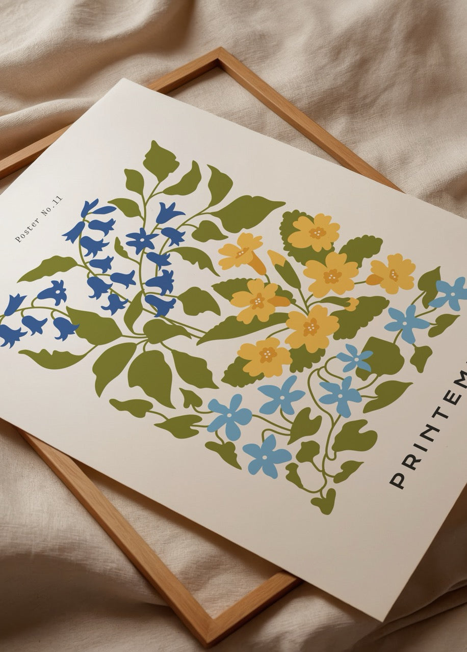 Printemps çiçek illüstrasyonu poster baskı – mavi ve sarı çiçek desenli minimalist duvar dekoru