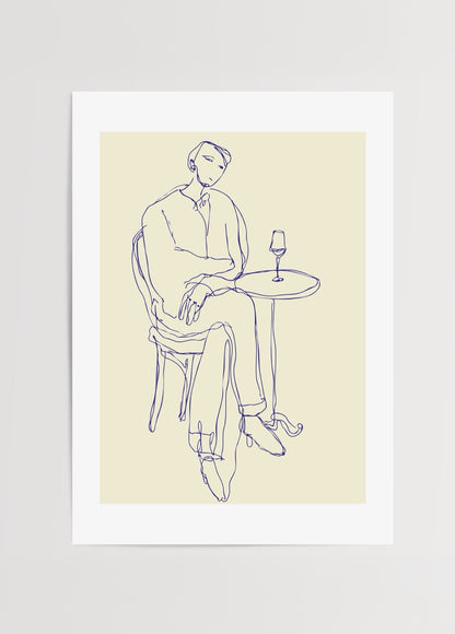 Yaren Ünlü Wine &amp; Lines koleksiyonundan minimalist tek çizgiyle yapılmış, masada oturan ve önünde şarap kadehi olan figür posteri.