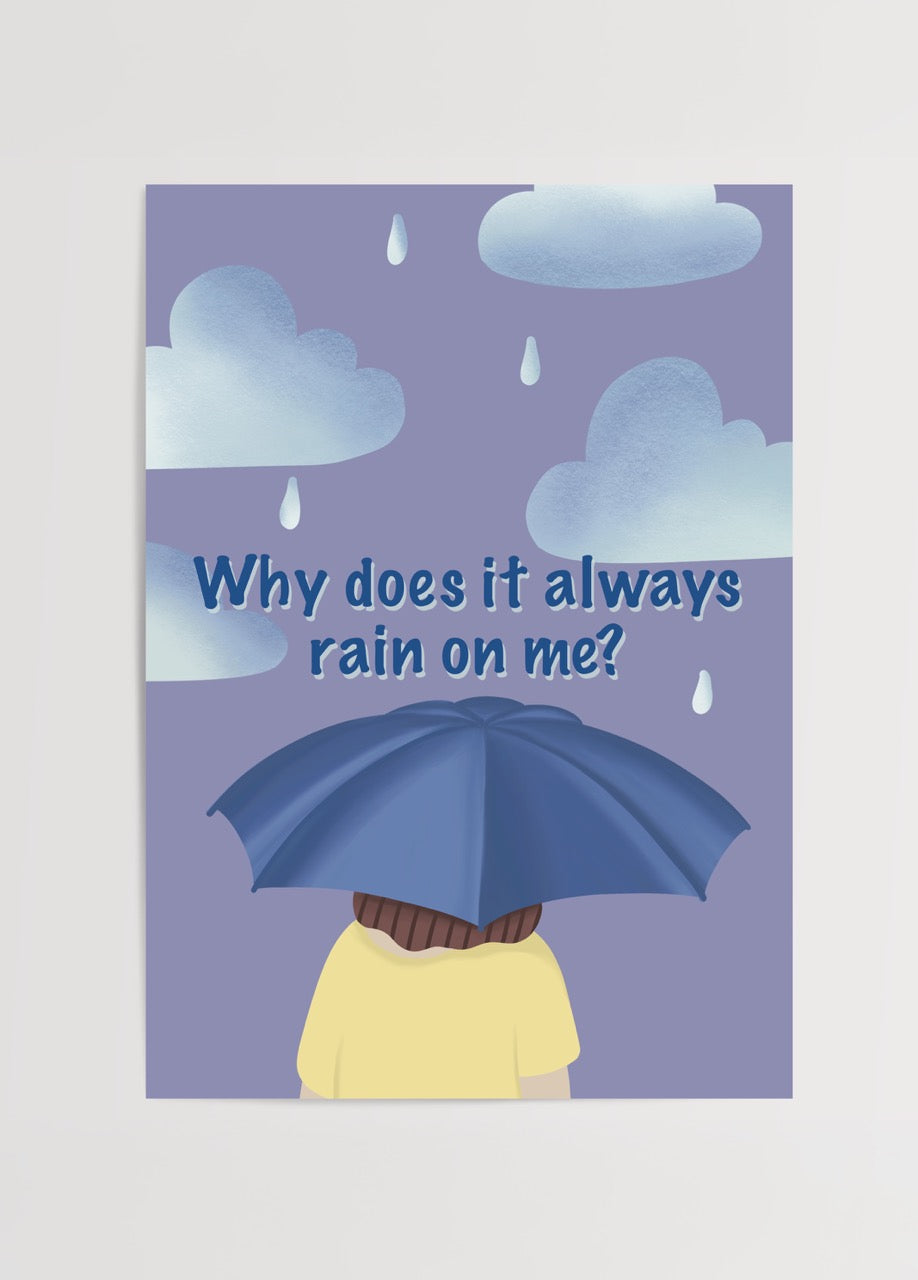 Özge Özcan Rain On Me posteri; şemsiye altındaki figür, bulutlar ve yağmur damlalarıyla melankolik bir illüstrasyon.