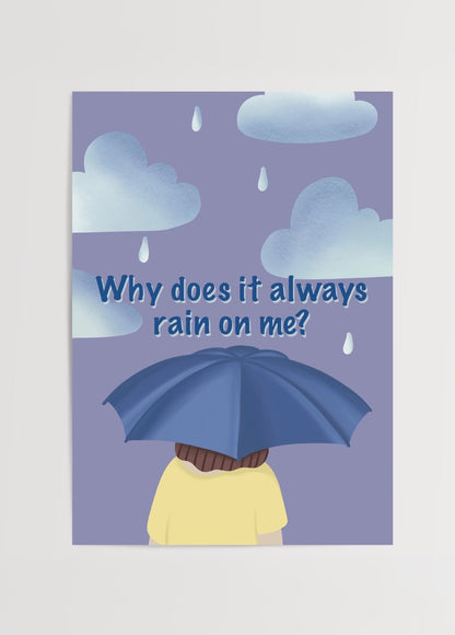 Özge Özcan Rain On Me posteri; şemsiye altındaki figür, bulutlar ve yağmur damlalarıyla melankolik bir illüstrasyon.