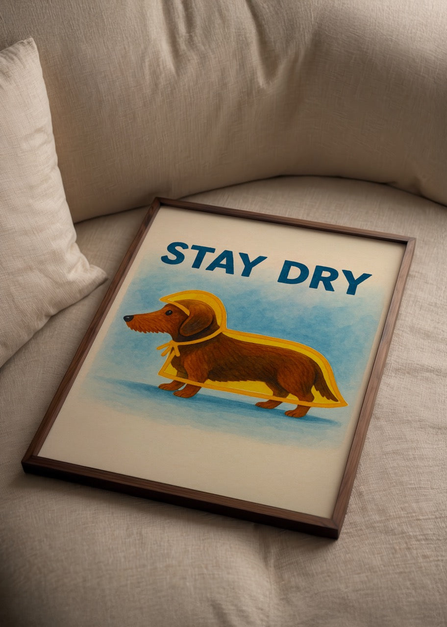 Sarı yağmurluk giymiş sevimli köpek illüstrasyon posteri