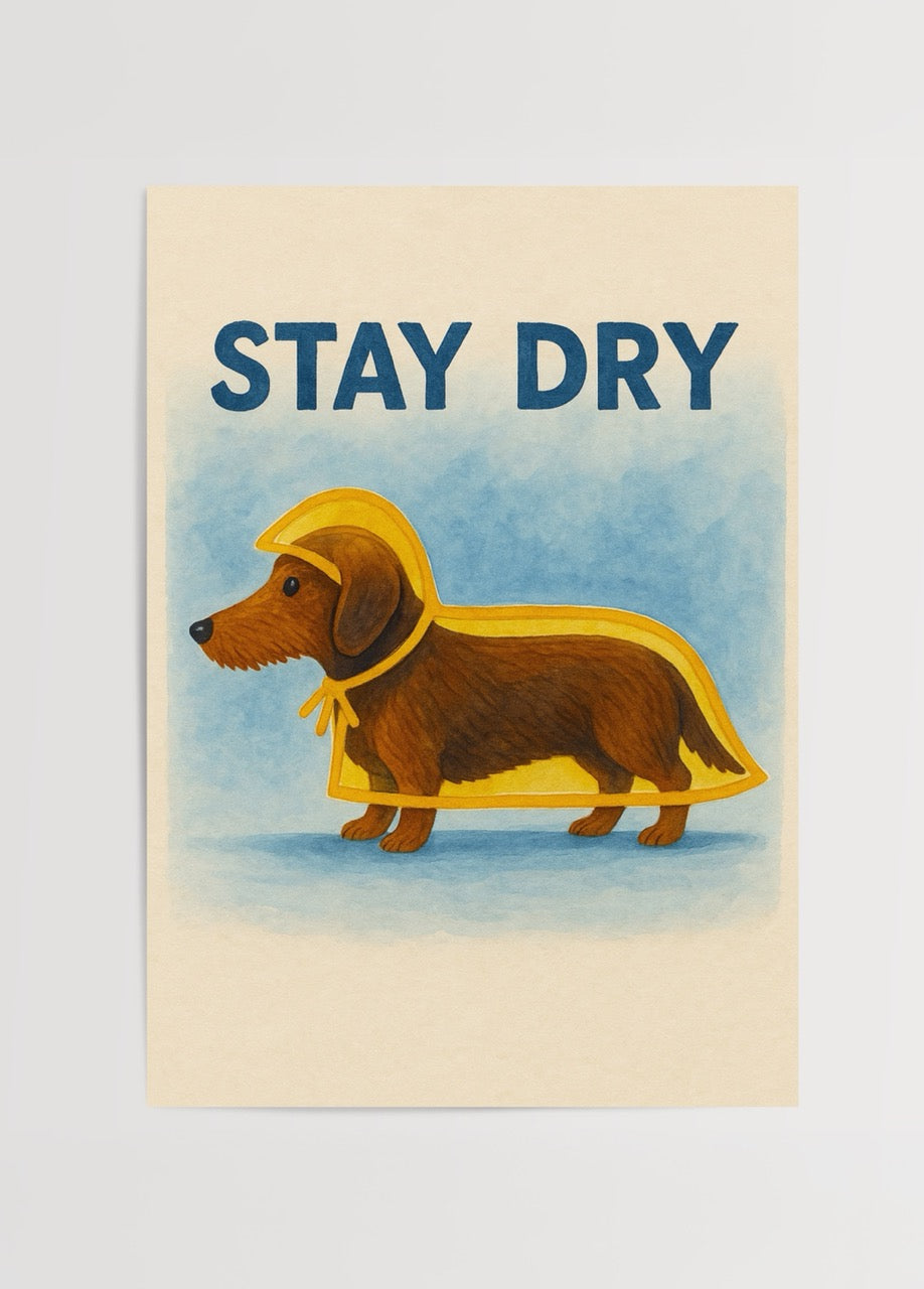 Sarı yağmurluk giymiş sevimli köpek illüstrasyon posteri
