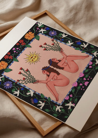 Elif Sezgin’in “Reaching for the Sun” adlı, gökyüzüne uzanan figürlü, sıcak tonlu modern illüstrasyon posteri.