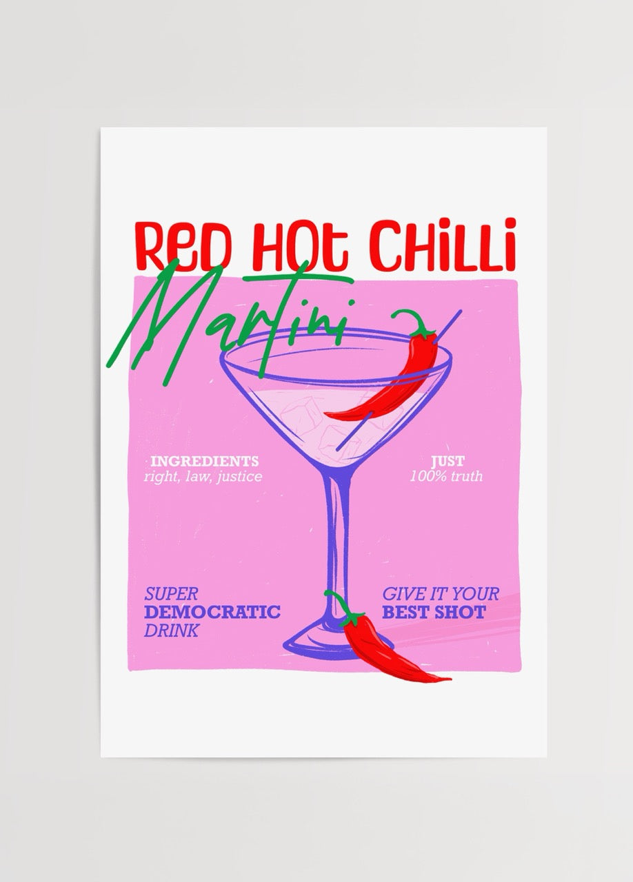 Merve Pınar Yeşilyurt’un pembe zemin üzerinde martini bardağı ve kırmızı biber illüstrasyonlu Red Hot Chilli Martini posteri.