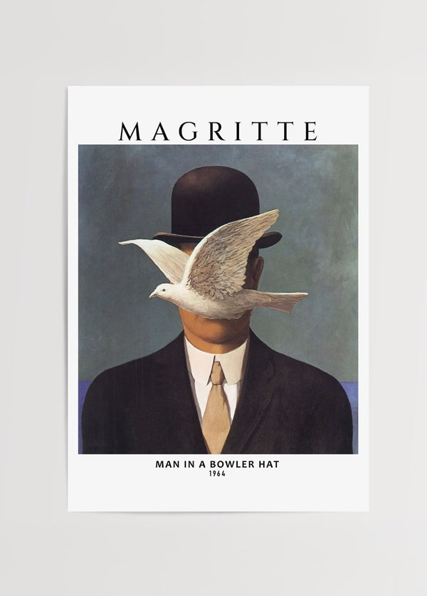 René Magritte'in şapkalı adam ve güvercin temalı sürrealist eseri Man in a Bowler Hat poster baskısı