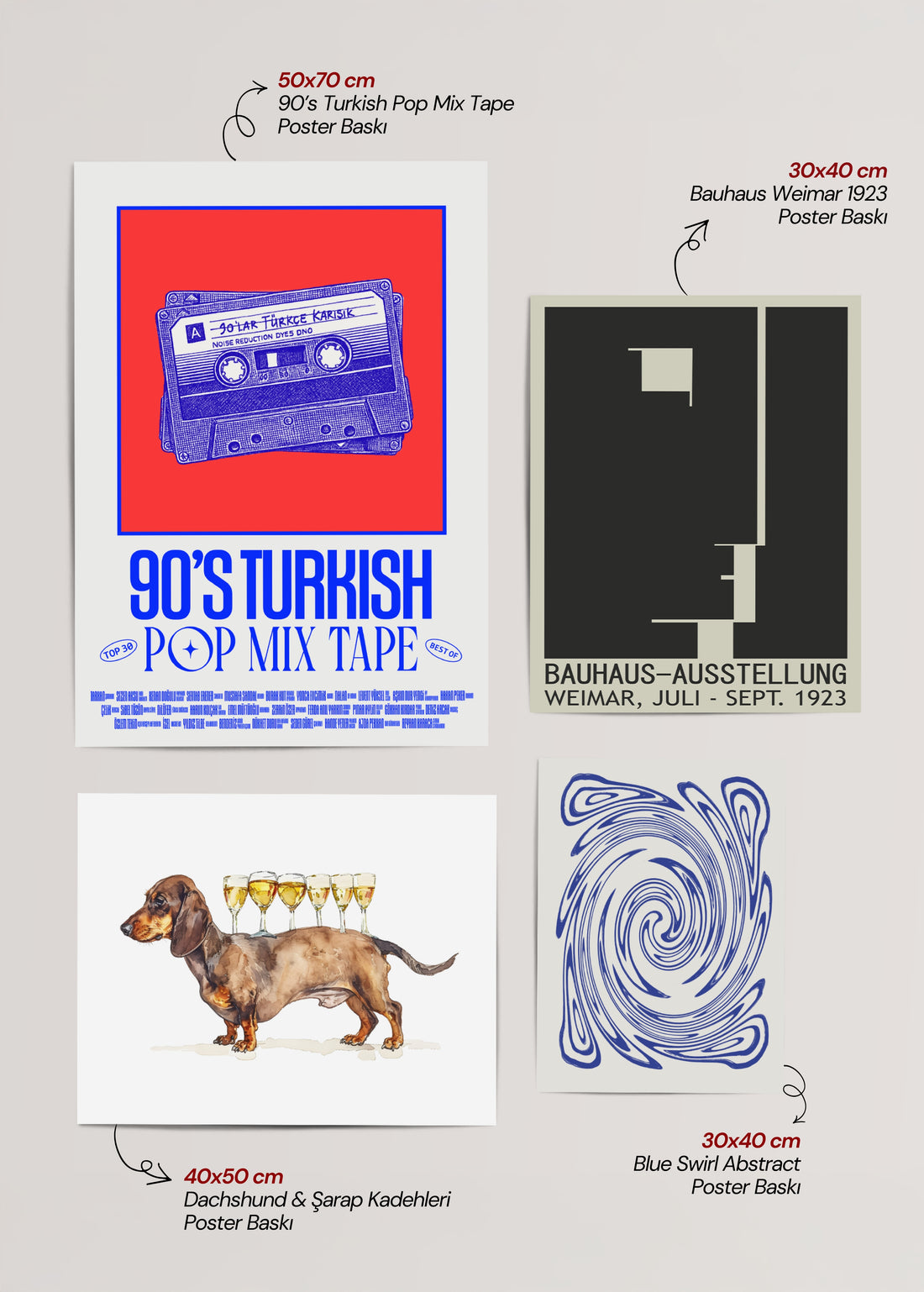 Retro müzik temalı, Bauhaus afişi, illüstratif köpek figürü ve mavi soyut desenlerden oluşan, farklı boyutlarda posterlerle hazırlanmış galeri duvarı seti.