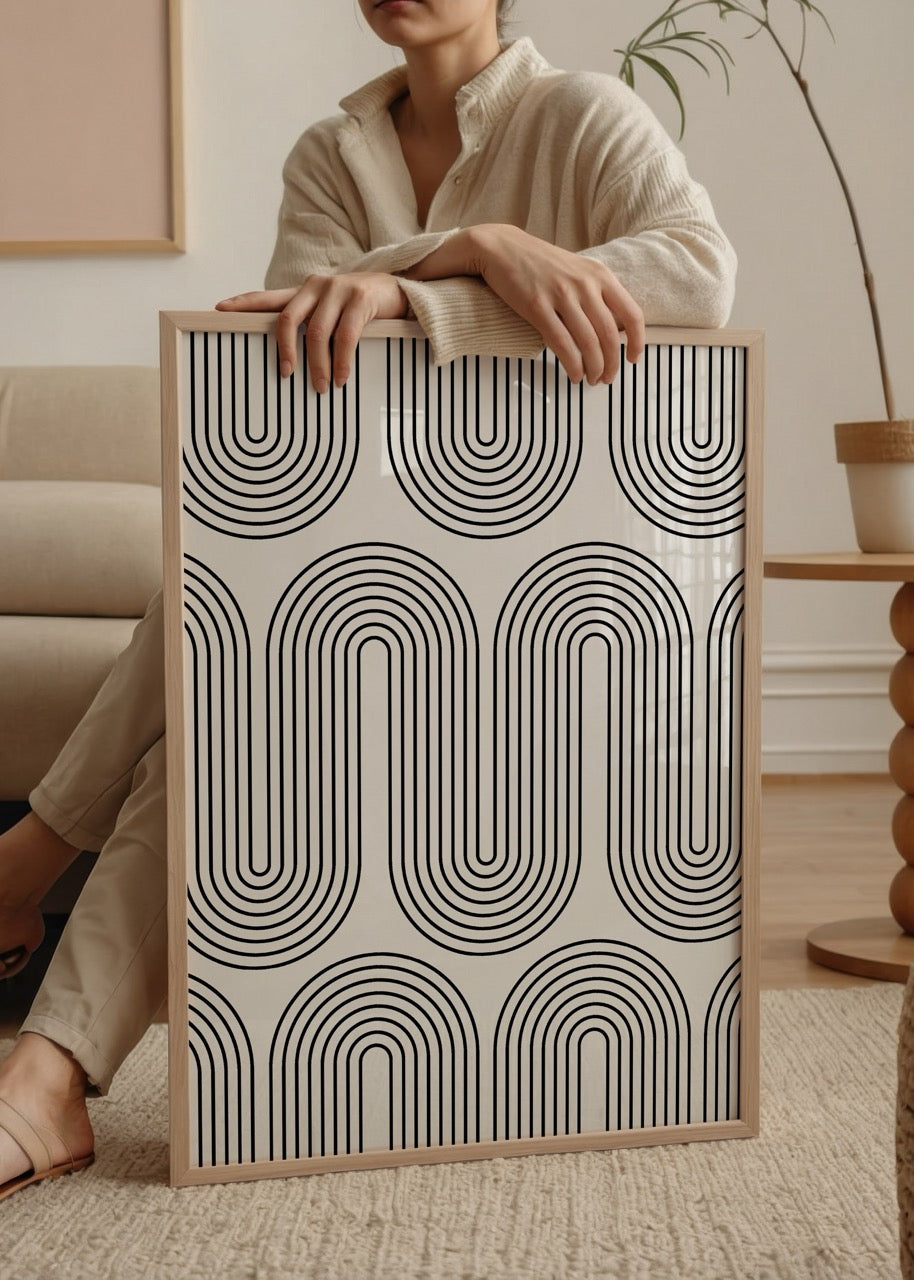 Siyah beyaz retro çizgisel desenli modern geometrik poster