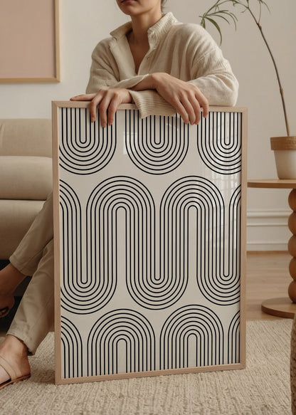 Siyah beyaz retro çizgisel desenli modern geometrik poster