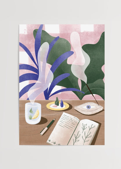 Ritual poster baskı – Melisa Ermiş illüstrasyonu, defter, tütsü ve bitki detaylı modern sanat eseri