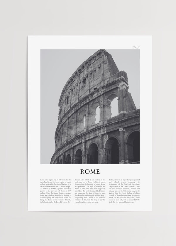 Kolezyum'u siyah beyaz fotoğraf stiliyle gösteren modern Roma posteri