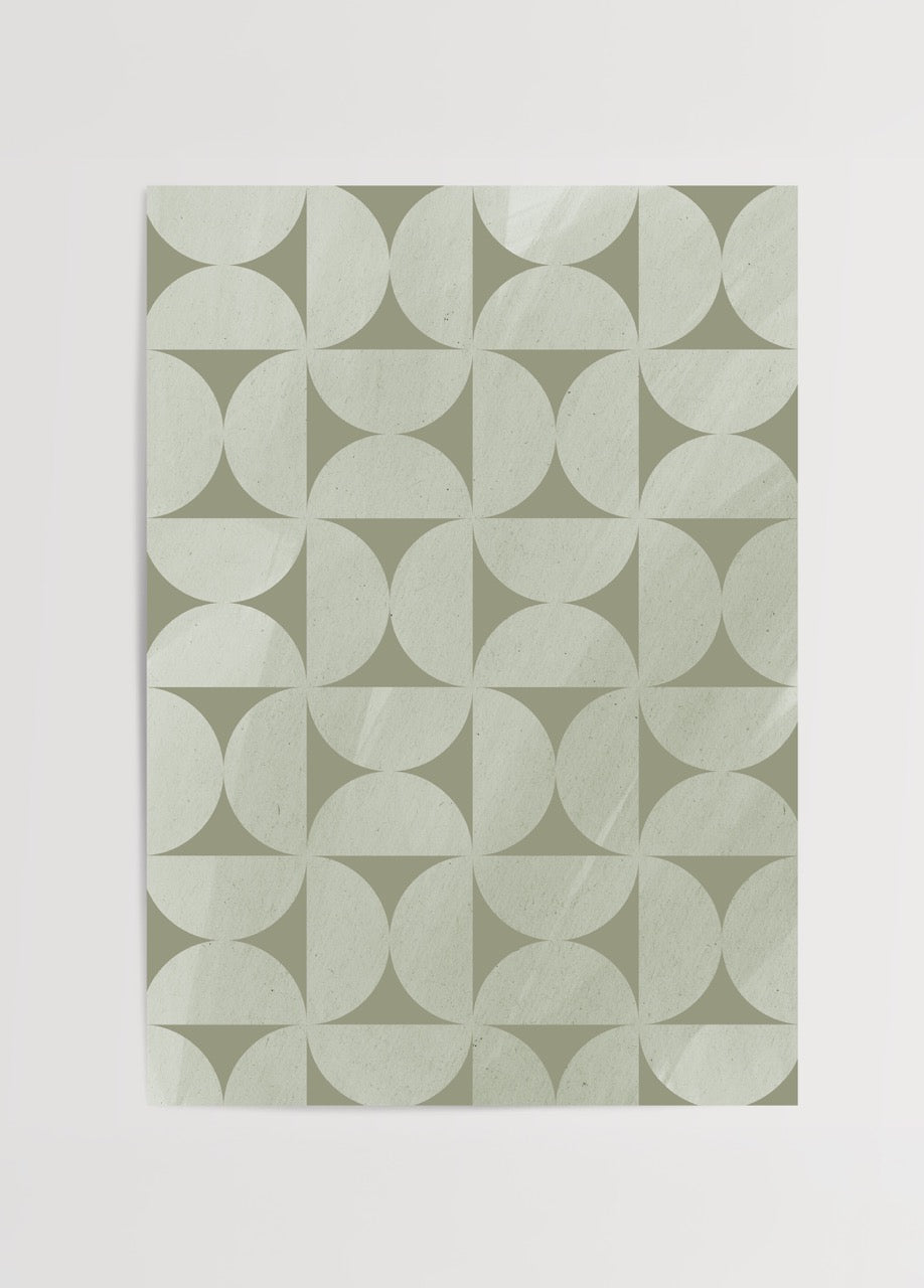 Açık adaçayı yeşili tonlarında geometrik daire ve üçgen desenlerinden oluşan minimalist poster tasarımı.