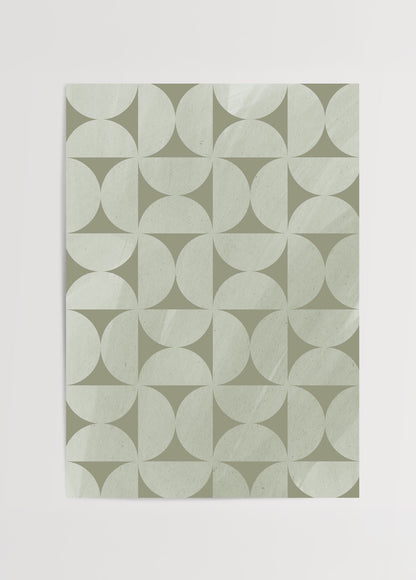 Açık adaçayı yeşili tonlarında geometrik daire ve üçgen desenlerinden oluşan minimalist poster tasarımı.