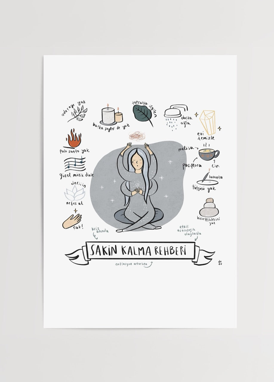 Duru Ekşioğlu tarafından tasarlanan “Sakin Kalma Rehberi” illüstrasyon posteri, meditasyon yapan figür ve dinginlik ipuçlarıyla dekoratif sanat eseri.