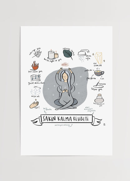 Duru Ekşioğlu tarafından tasarlanan “Sakin Kalma Rehberi” illüstrasyon posteri, meditasyon yapan figür ve dinginlik ipuçlarıyla dekoratif sanat eseri.