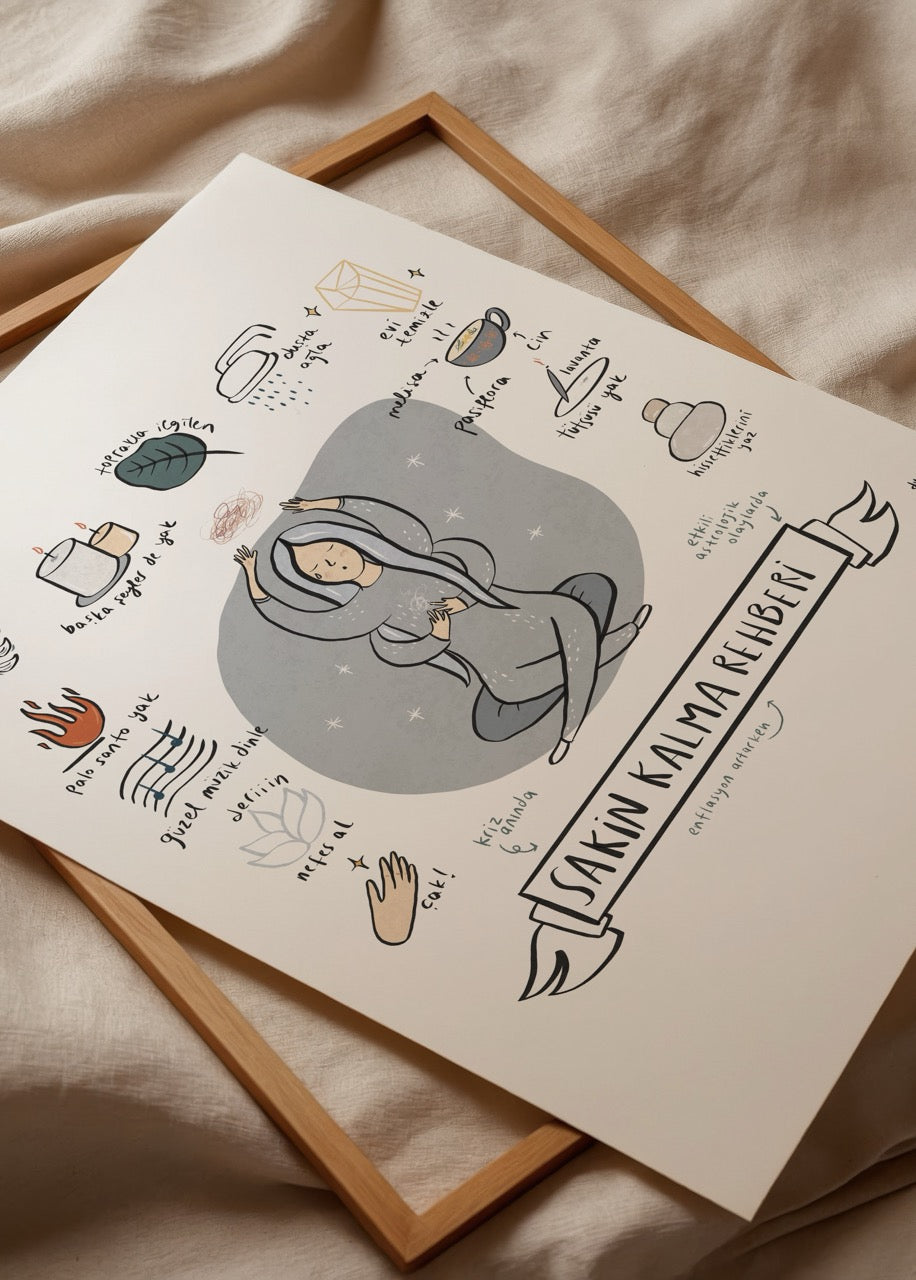 Duru Ekşioğlu tarafından tasarlanan “Sakin Kalma Rehberi” illüstrasyon posteri, meditasyon yapan figür ve dinginlik ipuçlarıyla dekoratif sanat eseri.