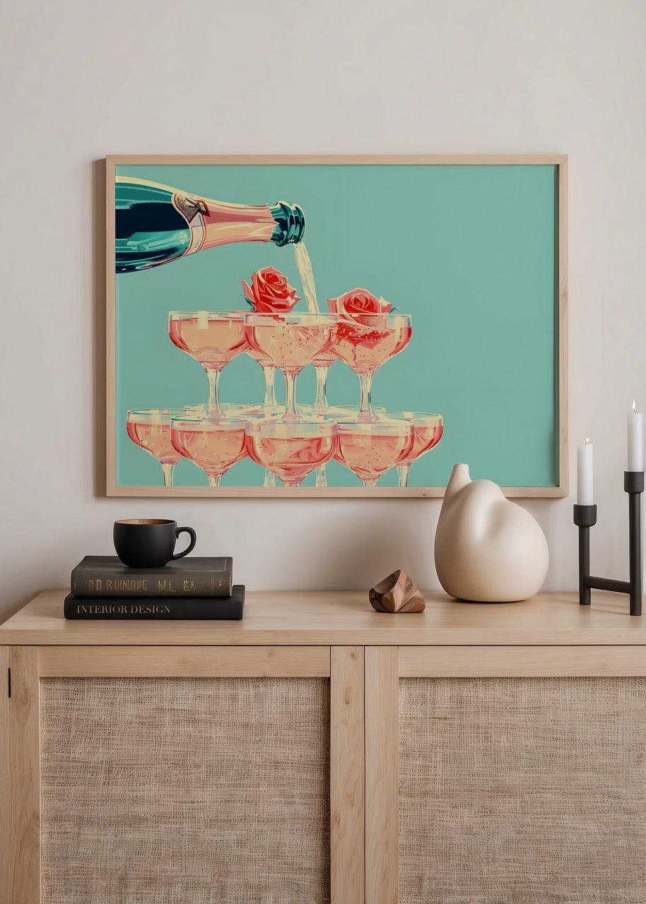 Turkuaz fonda kırmızı güllü şampanya kule kompozisyonlu retro tarz poster