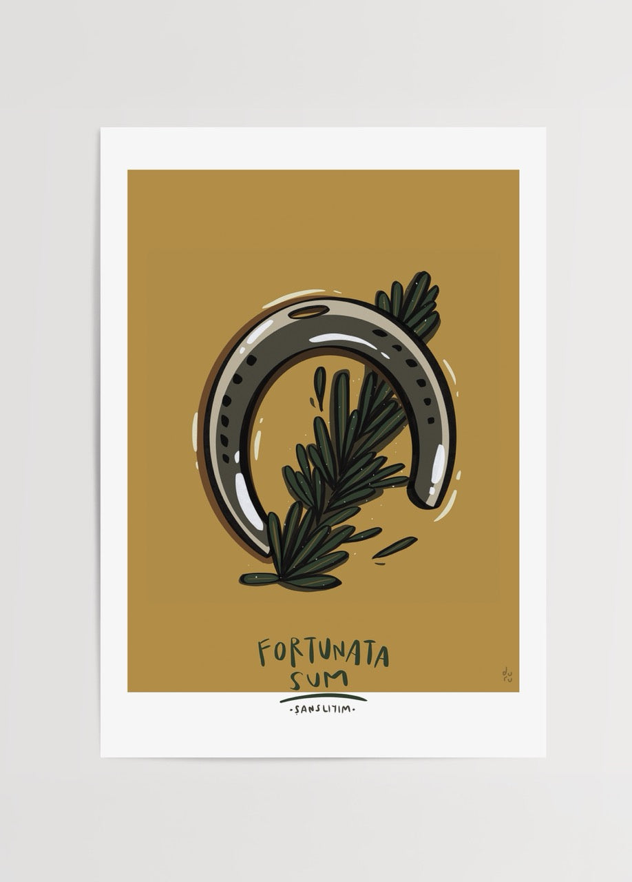 Hardal sarısı zemin üzerinde at nalı ve yeşil dal figürüyle oluşturulmuş “Şanslıyım” yazılı şans temalı illüstrasyon posteri.