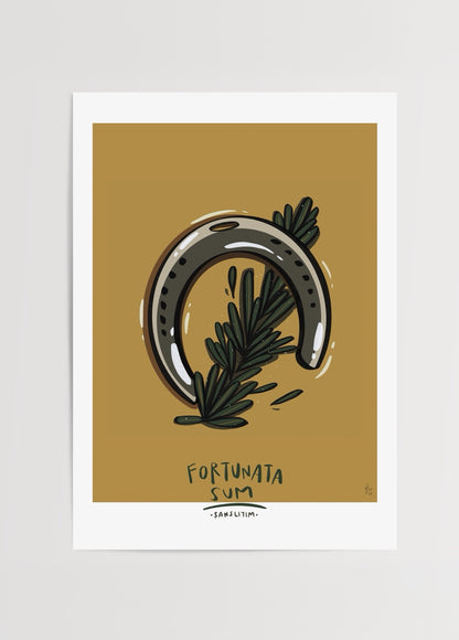 Hardal sarısı zemin üzerinde at nalı ve yeşil dal figürüyle oluşturulmuş “Şanslıyım” yazılı şans temalı illüstrasyon posteri.