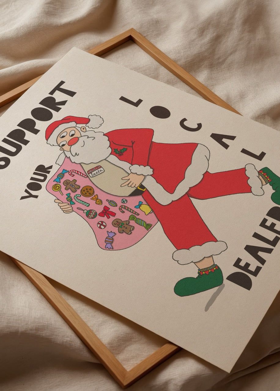 Yılbaşı temalı, Santa figürünü ironik bir dille yorumlayan renkli illüstrasyon poster