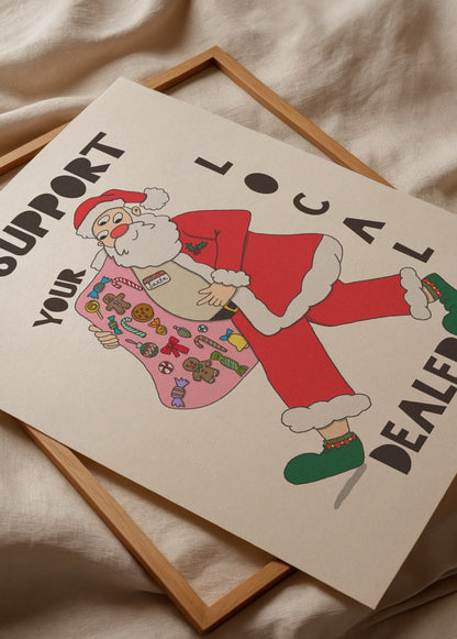 Yılbaşı temalı, Santa figürünü ironik bir dille yorumlayan renkli illüstrasyon poster