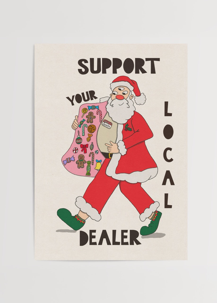Yılbaşı temalı, Santa figürünü ironik bir dille yorumlayan renkli illüstrasyon poster