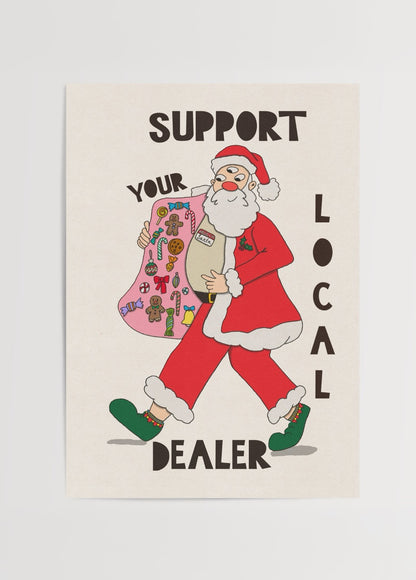 Yılbaşı temalı, Santa figürünü ironik bir dille yorumlayan renkli illüstrasyon poster