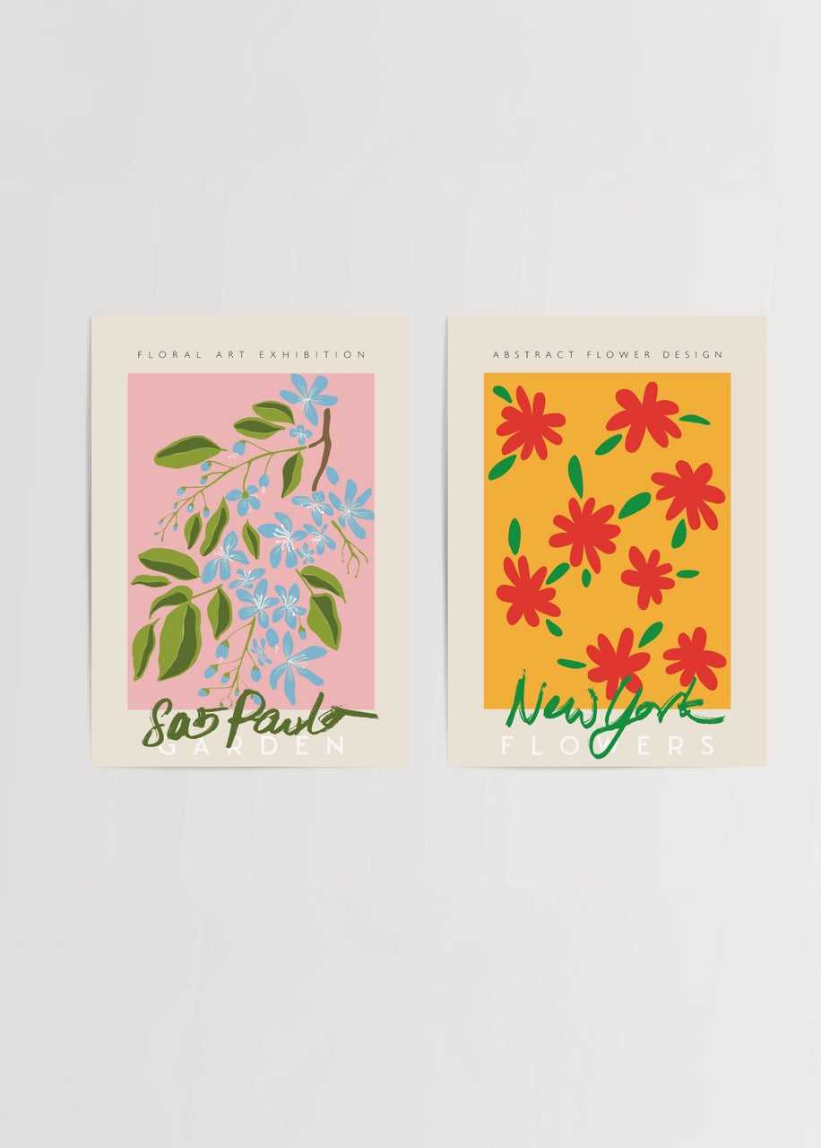 Sao Paulo Garden ve New York Flowers illüstrasyonlarından oluşan renkli ikili poster seti