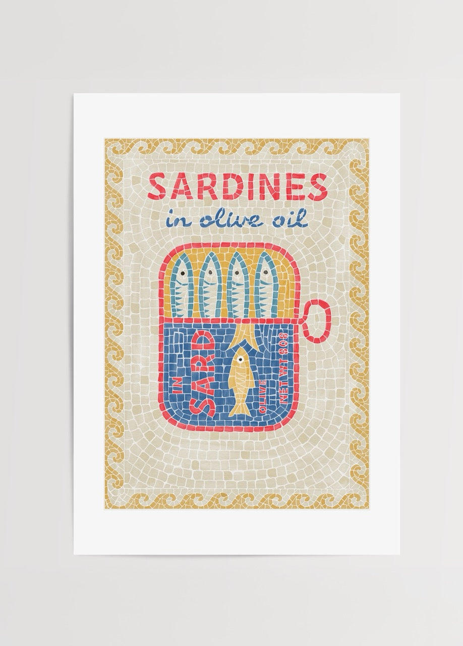 Thola Studio Sardines in Olive Oil posteri, mozaik desenli sardalya kutusu illüstrasyonu, eğlenceli dekoratif duvar posteri baskısı.