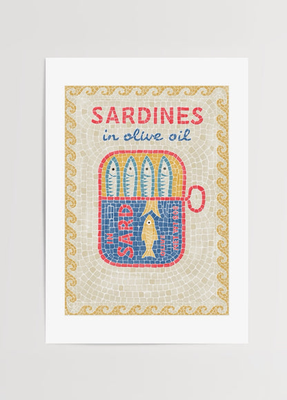 Thola Studio Sardines in Olive Oil posteri, mozaik desenli sardalya kutusu illüstrasyonu, eğlenceli dekoratif duvar posteri baskısı.