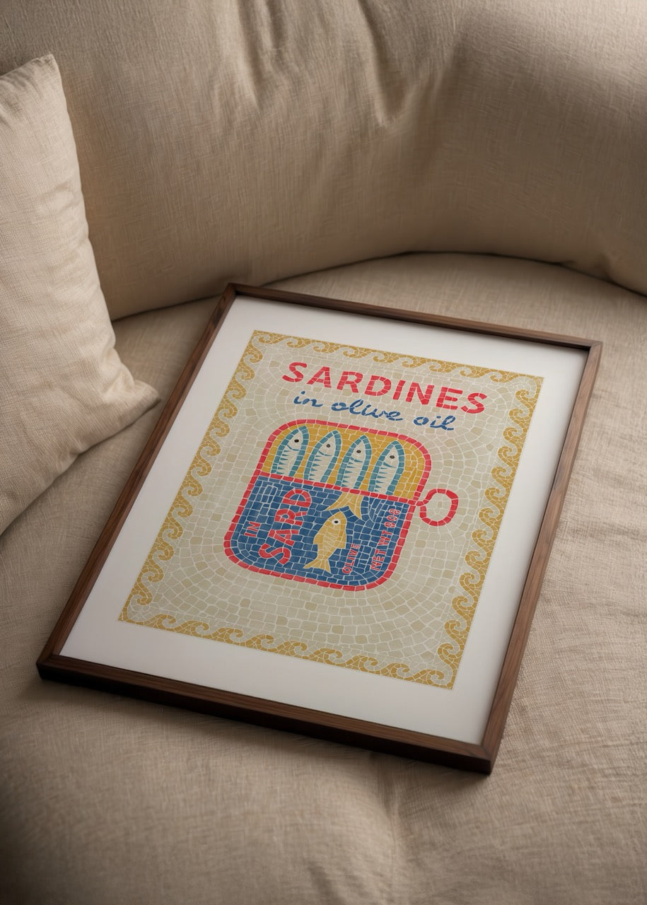 Thola Studio Sardines in Olive Oil posteri, mozaik desenli sardalya kutusu illüstrasyonu, eğlenceli dekoratif duvar posteri baskısı.
